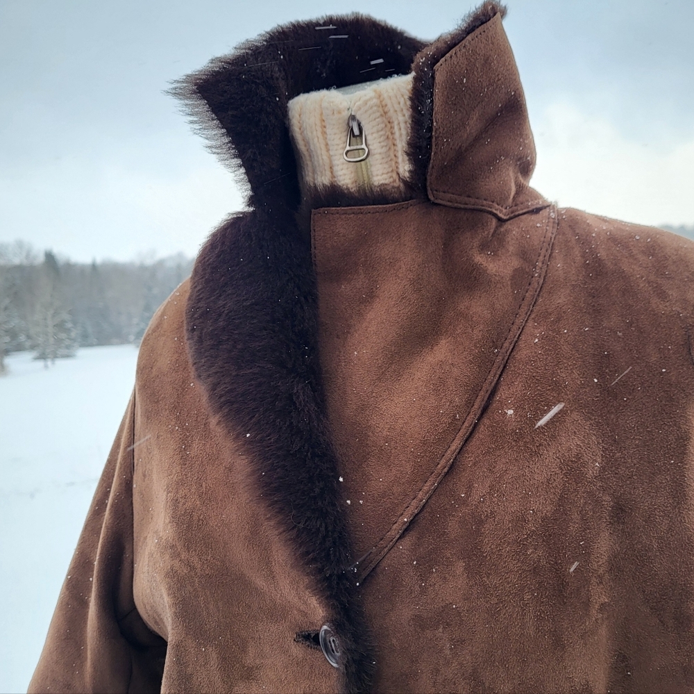 Womens' Long Brown Vegan Sherpa Coat Davide Cenci - Picture 9 of 12